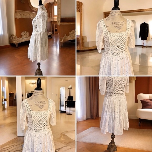 Gorgeous white crochet and eyelet puffed sleeve dress Bohemian Beautiful - Picture 15 of 16